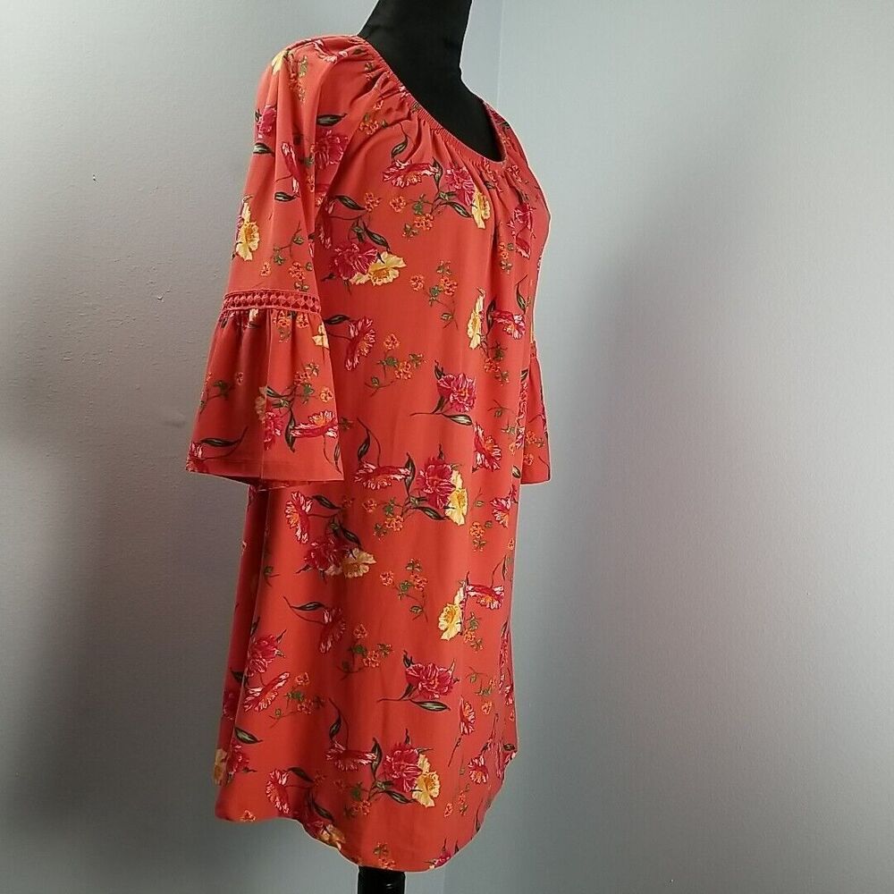 Pink Rose Boho Dress X-Large Cut Out Bell Sleeve Elastic Collar Knee Length - Picture 6 of 9